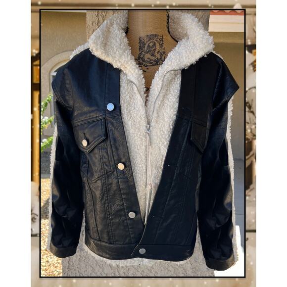 Blank NYC Faux Leather Button Up an Sherpa Zip Up Combo Jacket Oversize XS NWT - Picture 3 of 9